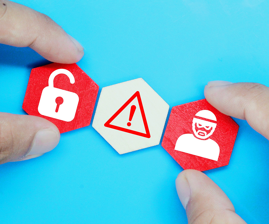 An illustration with three hexagons featuring cyber robber icons, caution, and unlock, representing website safety and security.